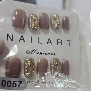Gold/Mauve Press-On Nails Set Of 10‎ + Adhesive Pads Size S/M NEW